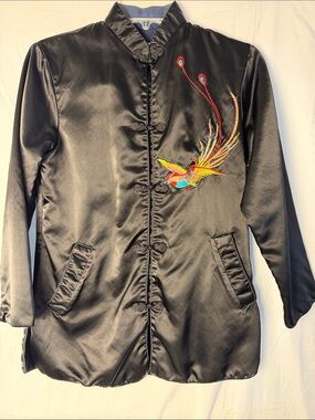 Black Satin Embroidered Bird Blazer